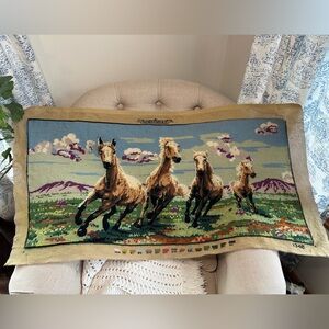 Vintage running wild horses large needlepoint tapestry 18” x 38”